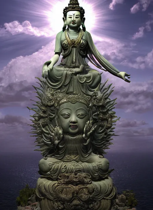 Image similar to guanyin stand on big loutus, a godness of the southern seas, a realistic setting with muted colors, visual novel cover, by yoshitaka amano, zeng fanzhi, jane hamilton, tiffany studios, sunrays shine uponit, frostbite 3 engine, cryengine, dof, trending on artstation, digital art, fantasy detailed background