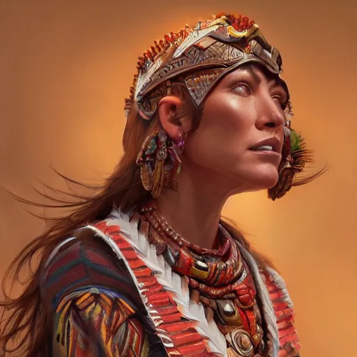 Image similar to an portrait of an happy female aztec, detailed, centered, digital painting, artstation, concept art, donato giancola, Joseph Christian Leyendecker, WLOP, Boris Vallejo, Breathtaking, 8k resolution, extremely detailed, beautiful, establishing shot, artistic, hyperrealistic, beautiful face, octane render