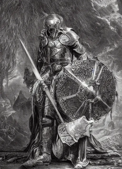 Image similar to highly detailed picture of great greek warrior with a shield, edge of the universe, symmetrical face, cinematic romantic magical, greek myth, masterpiece, from the book by gene wolfe, highly detailed painting by gustave dore