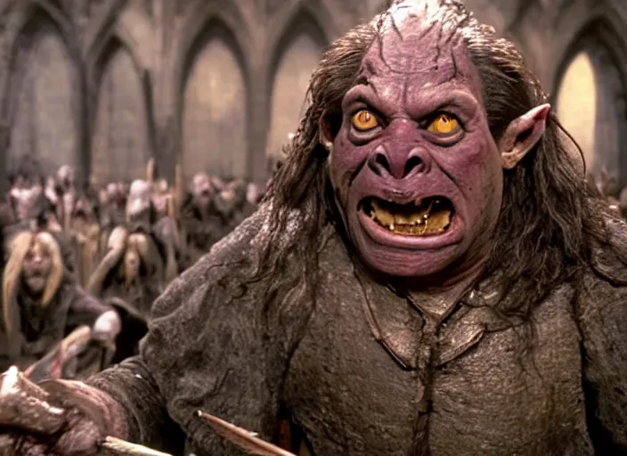 Image similar to a film still of a lazy orc in harry potter