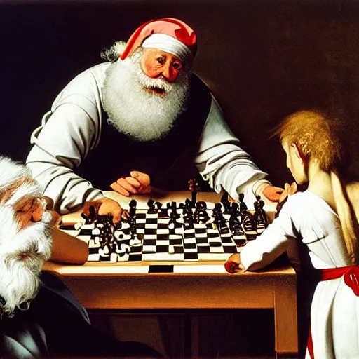 Image similar to Father Christmas playing chess with the Easter bunny Painted by Caravaggio