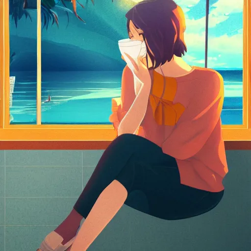 Image similar to a thin, pretty young Filipino woman with long hair sits near the window of a cute seaside Cafe drinking an espresso, golden dramatic morning light, cozy, tropical plants, beautiful anime style art, trending on artstation