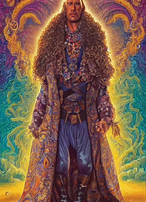 Image similar to beautiful oil painting, full length portrait of Dwayne the rock Johnson as Louis xiv in coronation robes 1701, Dan Mumford, Dan Mumford, Alex grey, Alex grey, highly detailed , lsd visuals, dmt fractal patterns, hallucinogen, visionary art, psychedelic art, ornate, vaporwave