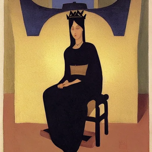 Prompt: an illustration of a queen wearing a beautiful black dress on a simple stone throne by nicholas roerich, by johann heinrich fussli, by frank frazettaby georgia o keeffe, realistic, detailed, oil painting