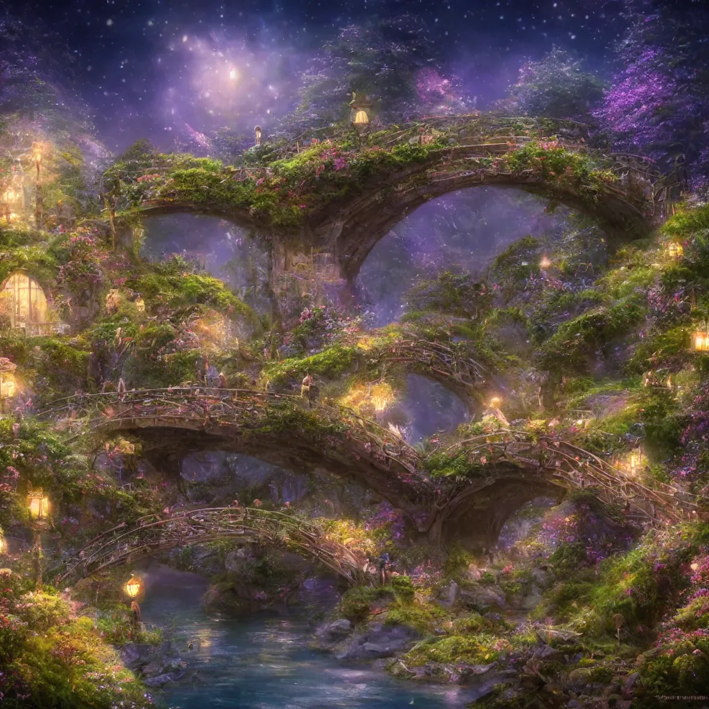 Image similar to fairyland bridge, outside of time and space, dreamy, romantic, night lighting, gorgeous lighting, dramatic cinematic lighting, intricate, highly detailed, in the style of studio ghibli, 8 k