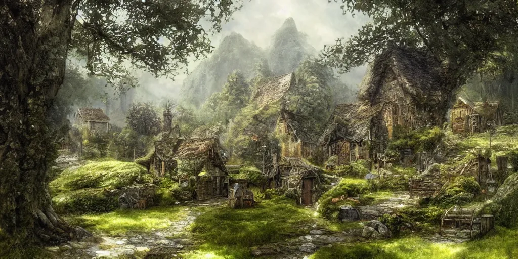 Image similar to a small serene fantasy village on the edge of the woods, by alan lee, lord of the rings, smooth, detailed terrain, oil painting, matte painting, concept art, trending on artstation