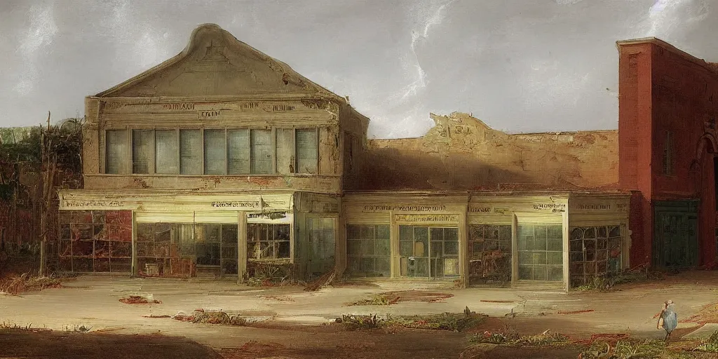 Prompt: an abandoned supermarket painted by thomas cole