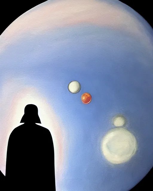 Image similar to acrylic painting portrait of darth vader looking through a large window into outer space with a large planet visible, view from behind, high production value, intricate details, high resolution, hdr, high definition, masterpiece, realistic, ultrarealistic, highly detailed, hd, sharp focus, non blurry, sharp, smooth