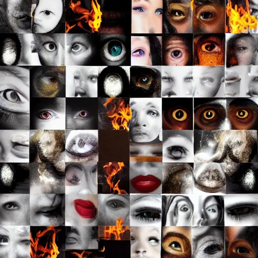 Image similar to collage, wall of eyes, reflections, fire, flames, wall of eyes, hd photograph