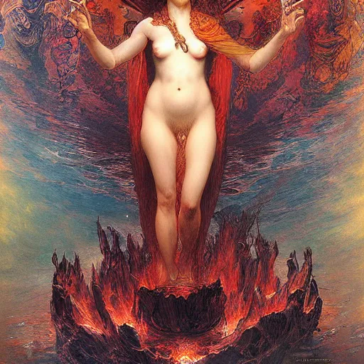 Image similar to eternal goddess empress bathing in deepest fiery underworld depths of hell by greg rutkowski, gustave dore, alphone mucha, visionary deep aesthetics art