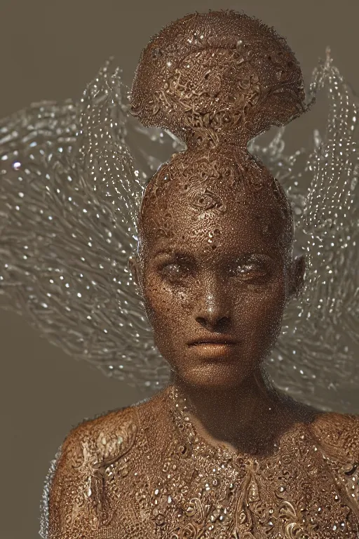 Image similar to full shot of a regal brown woman wearing an intricate and detailed armor made of dew drops. multiple layers. reflections. morning dew. textures. delicate. translucent. studio portrait. photorealistic. octane render