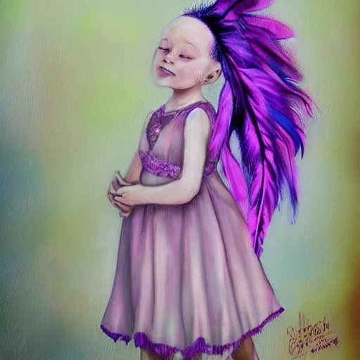 Image similar to little girl with eccentric pink hair wearing a dress mada of purple feather, artwork made by dcwj