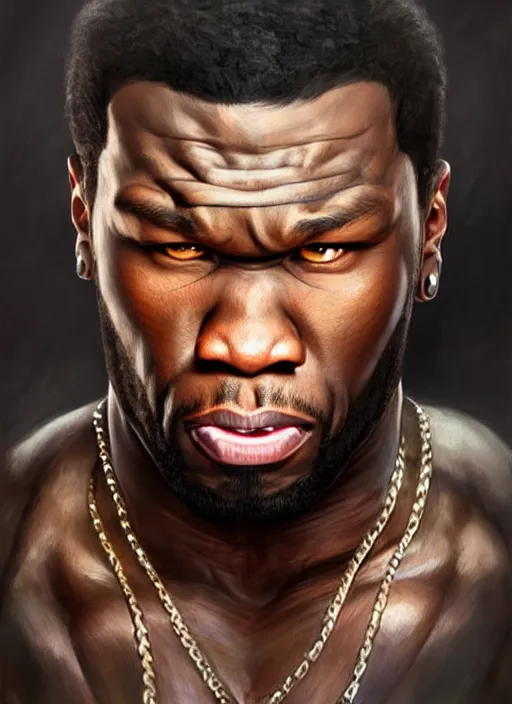 Prompt: Portrait of 50 cent yelling, D&D, muscular, fantasy, intricate, elegant, highly detailed, digital painting, artstation, concept art, smooth, sharp focus, illustration, art by artgerm and greg rutkowski and alphonse mucha