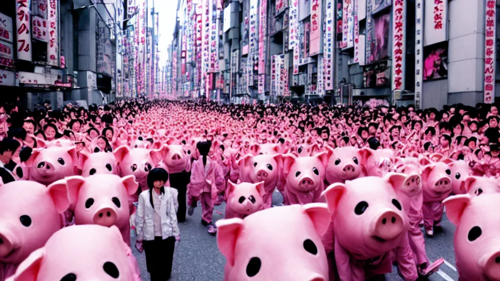 Image similar to a parade on the streets Tokyo everyone is dressed in pink and wearing pig masks, film still from the an anime directed by Katsuhiro Otomo with art direction by Salvador Dalí, wide lens