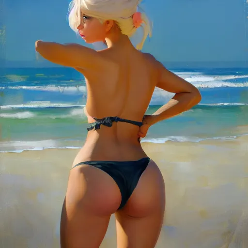 Image similar to greg manchess portrait painting of yorha type a no. 2 from behind in a bikini, organic painting, sunny day, matte painting, bold shapes, hard edges, street art, trending on artstation, by huang guangjian and gil elvgren and sachin teng