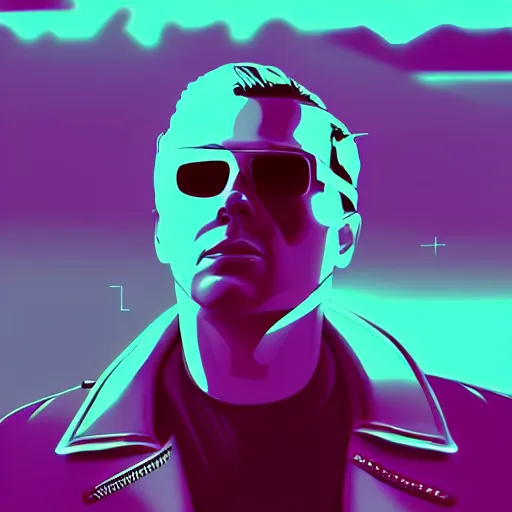 Image similar to 3 / 4 view closeup portrait of johnny silverhand with light blue shutter shades in front of a sunset, a dark purple leather jacket, vector art by jan tengnagel, pixabay contest winner, retrofuturism, retrowave, synthwave, outrun, portrait, synthwave