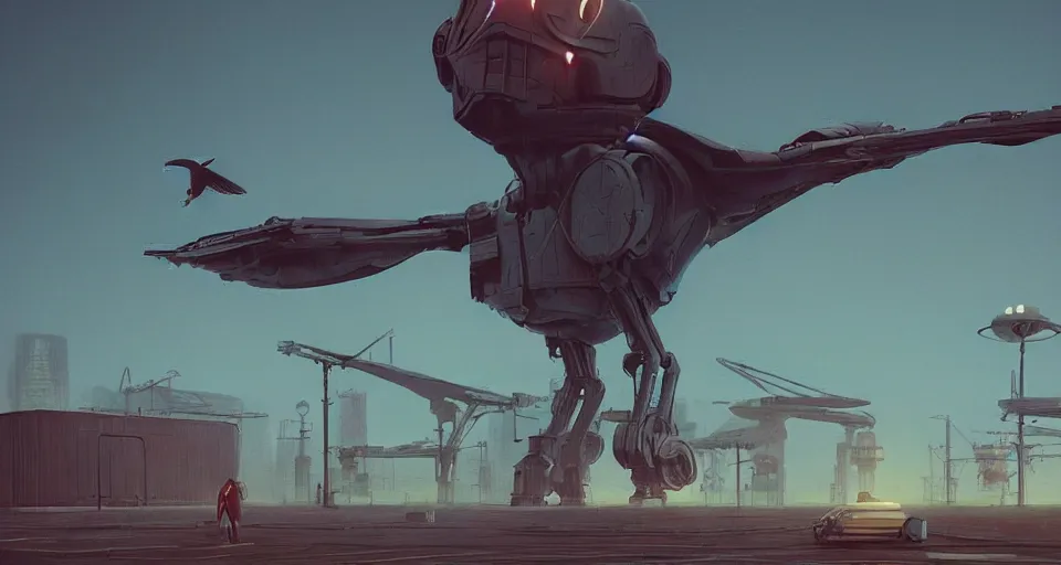 Prompt: A Giant Mechanical bird looms in the distance, mechanical bird, very hazy, rendered by simon stålenhag, rendered by Beeple, Makoto Shinkai, syd meade, environment concept, digital art, starwars, unreal engine, 3 point perspective, WLOP, trending on artstation, low level, 4K UHD image, octane render,