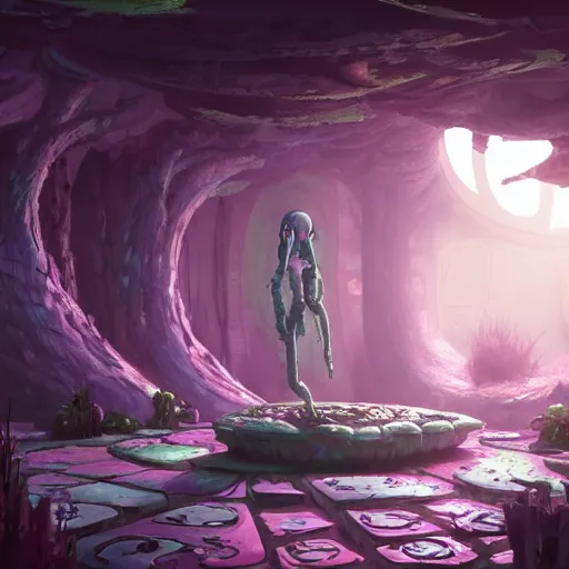 Image similar to concept art painting of a interior of a circular alien fantasy fungus house, realistic, detailed, cel shaded, magenta and gray, dark, in the style of makoto shinkai and greg rutkowski and james gurney