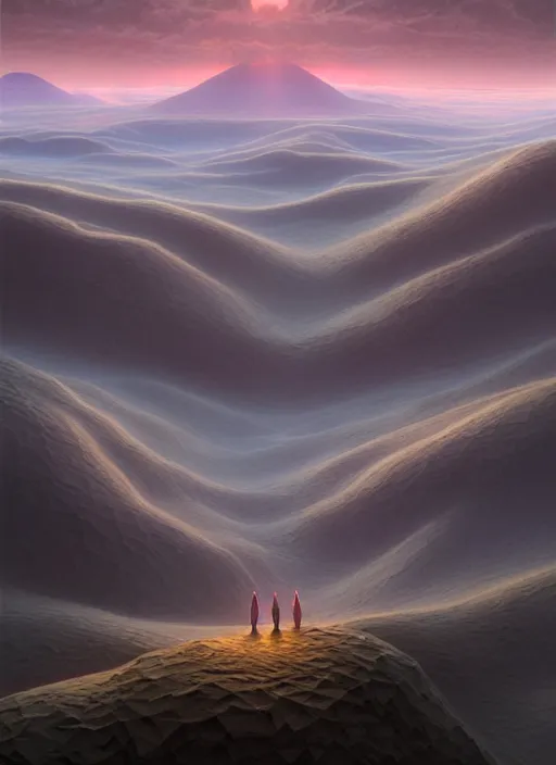 Prompt: just before sunrise in the low - polygon hills, the distant hills are polygons, depth of field, intricate, surrealism!!!!, highly detailed, lifelike, photorealistic, digital painting, artstation, surreal concept art, smooth, sharp focus, by greg rutkowski, chris tulloch mccabe, valentina remenar and asher duran,