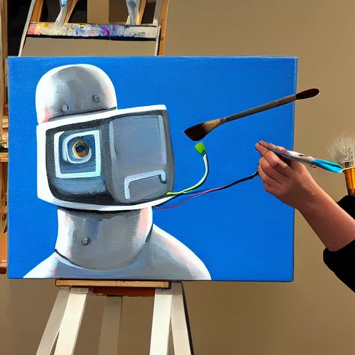 Image similar to a robot painter, painting on a canvas