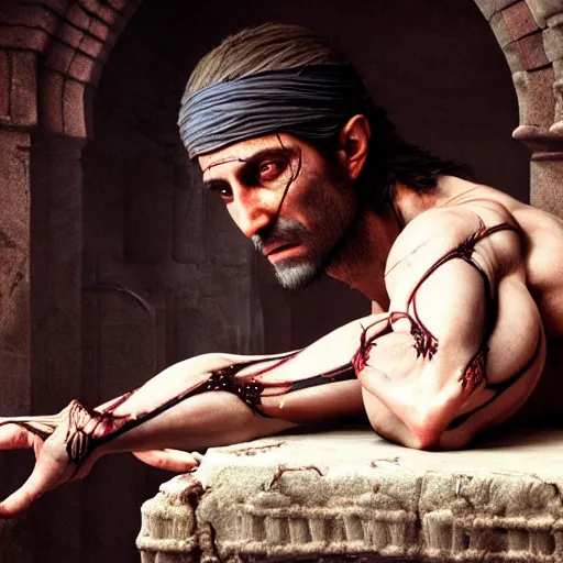 Image similar to The prince of Persia with translucent skin, visible muscles and veins and arteries and bones and spine and nerves, beautiful detailed intricate insanely detailed octane render, 8K artistic photography, photorealistic, chiaroscuro, by David Cronenberg, Raphael, Caravaggio