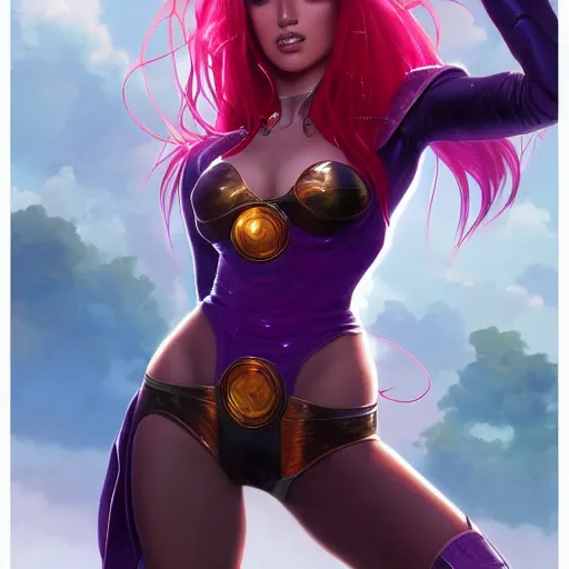 Image similar to ultra realistic illustration, bella thorne as starfire anime, intricate, elegant, highly detailed, digital painting, artstation, concept art, smooth, sharp focus, illustration, art by artgerm and greg rutkowski and alphonse mucha and wlop