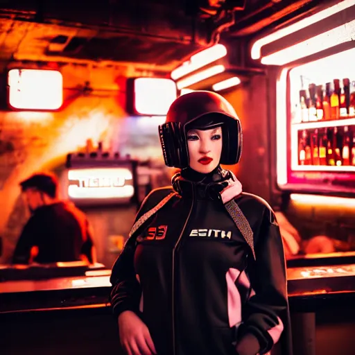 Image similar to photograph of retro techwear coed loitering near the bar of a packed busy rundown nightclub, retrofuturism, brutalism, cyberpunk, sigma 85mm f/1.4, 35mm, 4k, depth of field, high resolution, 4k, 8k, hd, highly detailed, full color