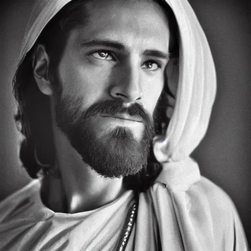 Prompt: photograph portrait of Jesus Christ, B&W, Vogue photoshoot, modelling photography, taken on 1970s kodak camera, grainy, fashionable, 4k, very realistic, hiper detailed