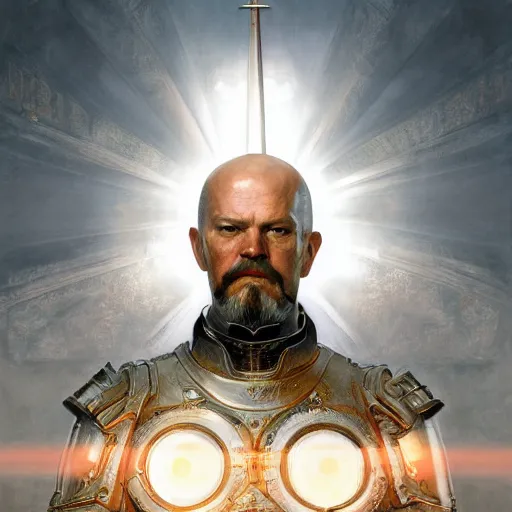 Image similar to masterpiece head - on symmetrical centered painted portrait, lenin as a holy warrior, holy light halo, glorious, wearing full metal armour, elegant, distant, in the style of ruan jia and artgerm and edgar maxence and ross tran and michael whelan and mucha, 8 k, octane render