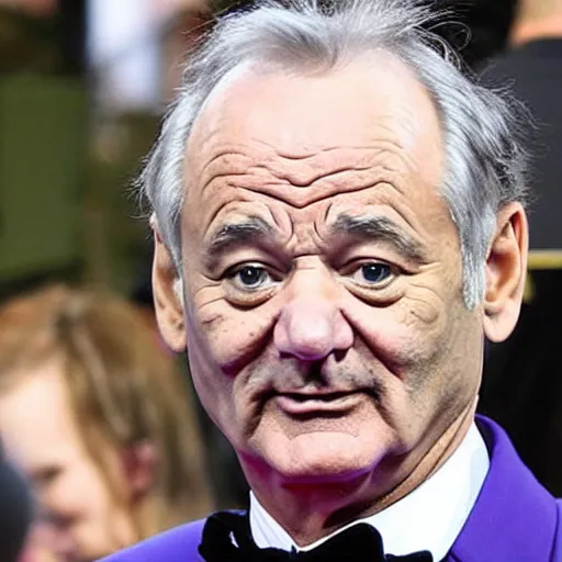 Image similar to bill murray, goofy smile, he is the leader of the rag tag misfit group, northwest coast gloom light, he is in disbelief when his doppelganger arrives, who is this man, monocle, willy wonka - style outfit, paparazzi photo