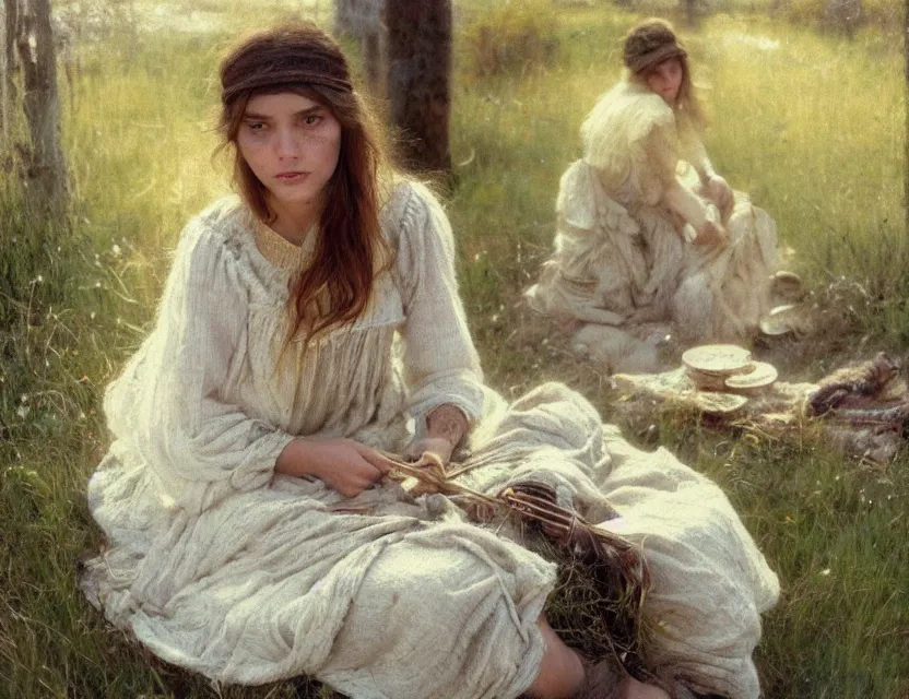 Image similar to peasant girl with long hair yarn knitting, cottage core, cinematic focus, polaroid photo bleached vintage pastel colors high - key lighting, soft lights, foggy, by steve hanks, by lisa yuskavage, by serov valentin, by tarkovsky, 8 k render, detailed, oil on canvas