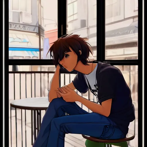 Image similar to a male teenager sitting on a cafe and looking to a window, artgerm, anime style, pixar and disney style, path traced, color painting, anatomically correct, cinematic, high coherence, highly detailed, high quality, serene scene, colorful, symmetrical, beautiful, elegant, short black hair, vintage, realistic and detailed face