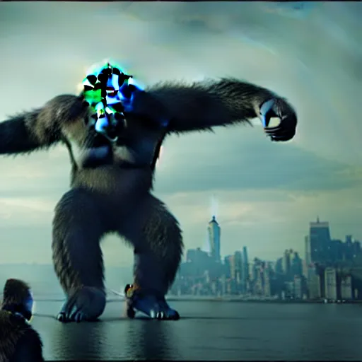 Image similar to king kong with wings fights in new york against godzilla with 3 heads, hyper realistic, ray tracing