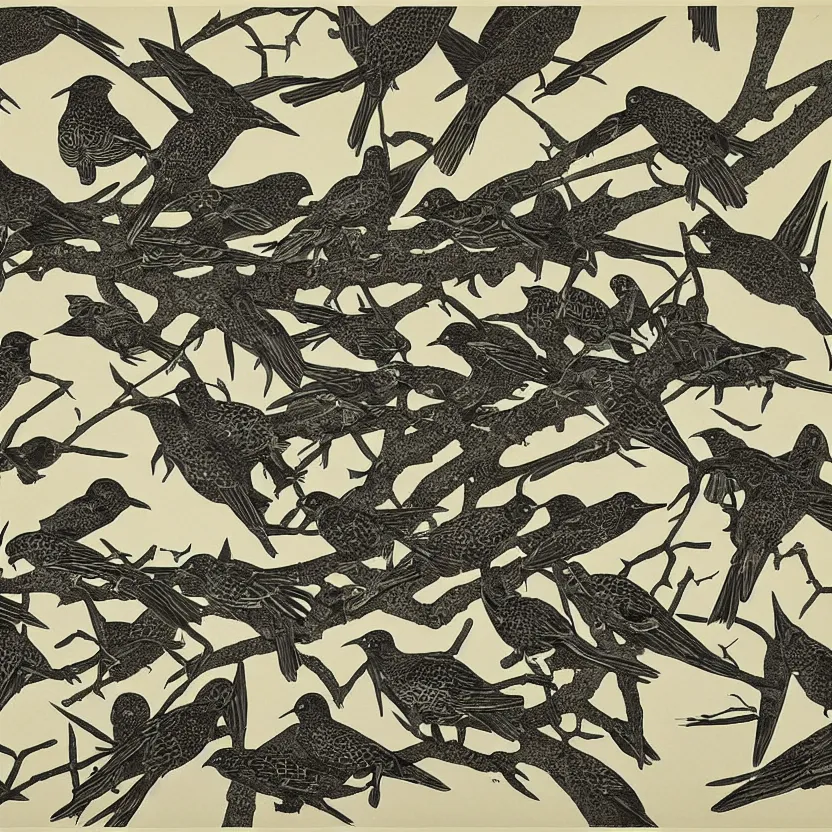 Prompt: MC Escher lithograph 3 color print of starlings and insects, murmur,