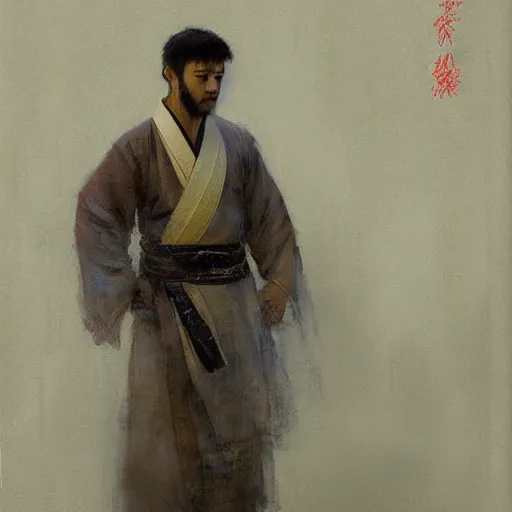 Image similar to a man wearing hanfu, muscular, painting by Gaston Bussiere, Craig Mullins