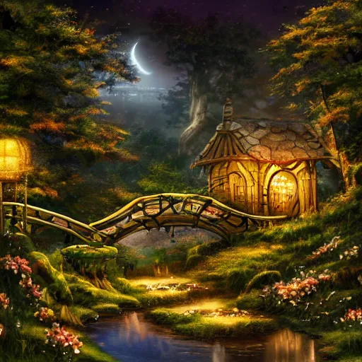 Prompt: painting, high detail, woodland village, night, fantasy, crescent moon, stone paths, bridge, water stream, luminous, toadstools, fireflies, fantasy,, flowers, lanterns, mist, highly detailed painting, fine lines, 8 k realistic, sharp focus