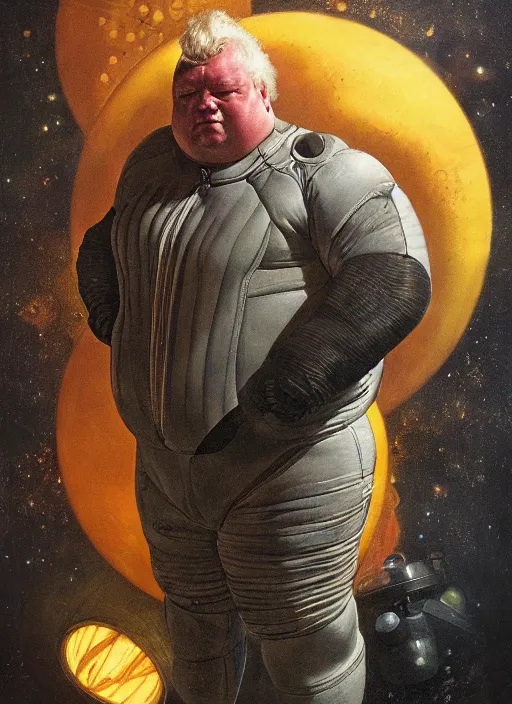 Prompt: upper body portrait of baron harkonnen wearing a leather spacesuit floating in space, dystopian, mean, angry, by tom lovell and dean cornwell and norman rockwell, photoreal, character concept art, artstation