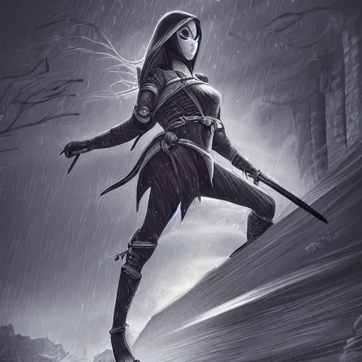 Image similar to a detailed picture of a female ninja, ominous nighttime thunderstorm, fantasy, d & d, intricate, elegant, highly detailed, digital painting, artstation, concept art, matte, sharp focus, illustration, art by m. c. escher