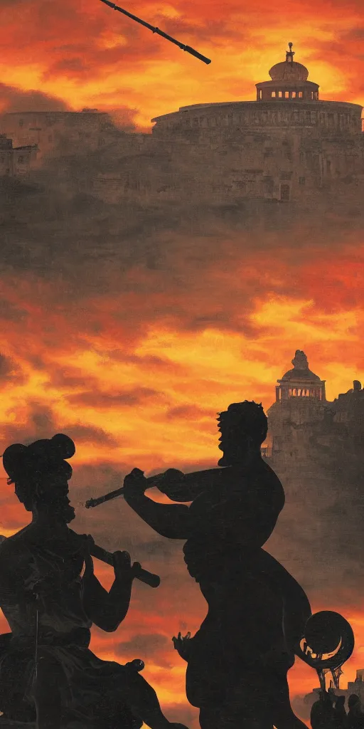 Prompt: black silhouette realistic painting of roman emperor playing the flute wearing popeye the sailor costume carving a larger than life statue of himself, hyper realistic, 8 k resolution, roman amphitheater and skyline of ancient rome is burning in the background, red skies, smoke billows over the horizon