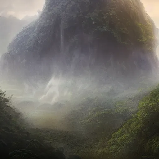 Image similar to An incredible matte painting about an artless painting of a giant autonomous spaceship landing in a misty rainforest, surrounded by mountains and clouds. Featured on artstation The machine in the temple, aztec jade, reflective