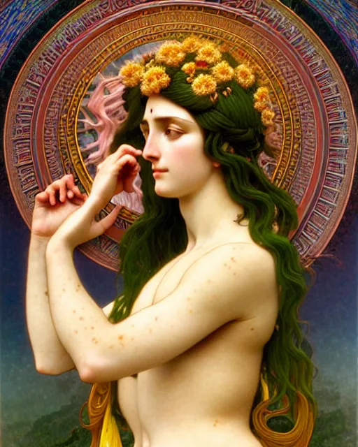 Image similar to goddess of nature, unusual beauty, emotionally evoking symbolic metaphors, head in focus, fantasy, ornamental, intricate, elegant, sensual, highly detailed digital painting, artstation, concept art, painterly, golden ratio, sharp focus, illustration, art by John William Godward and Rafael and Alphonse Mucha and Zdzisław Beksiński,