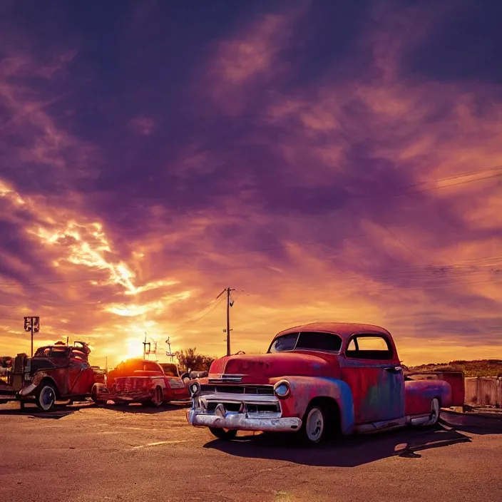 Image similar to a sunset light landscape with historical route 6 6, lots of sparkling details and sun ray ’ s, blinding backlight, smoke, volumetric lighting, colorful, octane, 3 5 mm, abandoned gas station, old rusty pickup - truck, beautiful epic colored reflections, very colorful heavenly, softlight