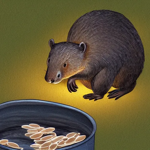 Image similar to digital painting of a beaver spitting seeds into a bucket, detailed, glow,