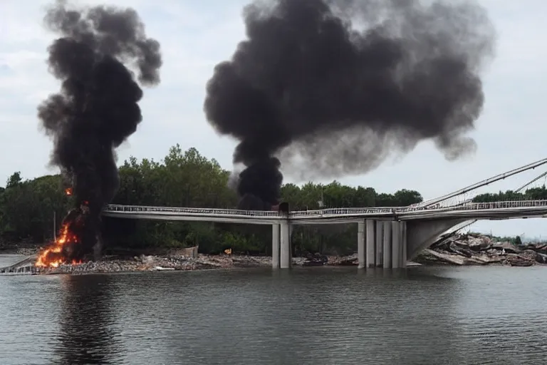 Prompt: an expensive and beautiful bridge with large columns located above the water on which there are a large number of cars, a big explosion destroys it