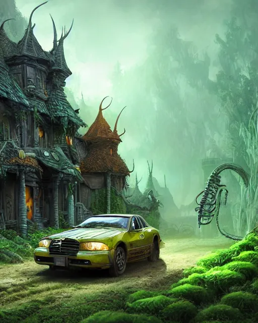 Image similar to xenomorph taxi car in a fantasy village, calming, uplifting mood, ultra realistic, farm, small buildings, highly detailed, atmosphere, masterpiece, epic lighting, elves, green plants, magic, illuminated, 4 k, cinematic, morning sun, art by eddie mendoza and sylvain sarrailh and jonathan berube