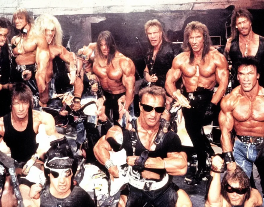 Prompt: colour photo off arnold schwarzenegger, sylvester stallone, dolph lundgren, Chuck Norris and Jean-Claude Van Damme in a heavy metal band, playing on stage in a heavy metal band 1985