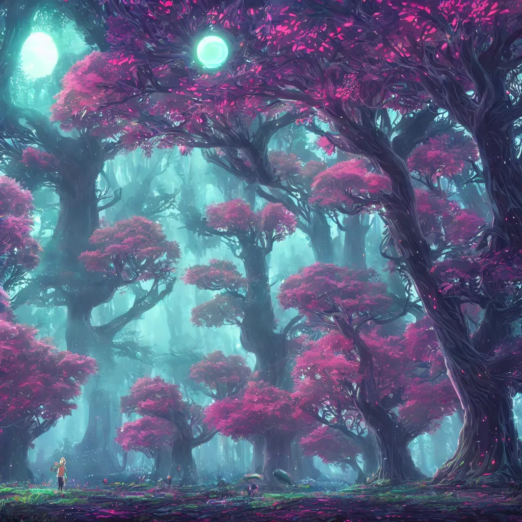 Prompt: huge trees, misty nighttime. radiating colorful energy. photorealistic, moody atmosphere, volumetric shading, holographic undertones, intricate and detailed, highly saturated colors. ori and the blind forest, breath of the wild style, studio ghibli!!!. trending on artstation. award winning, daily deivation. pastel!! pink accents.