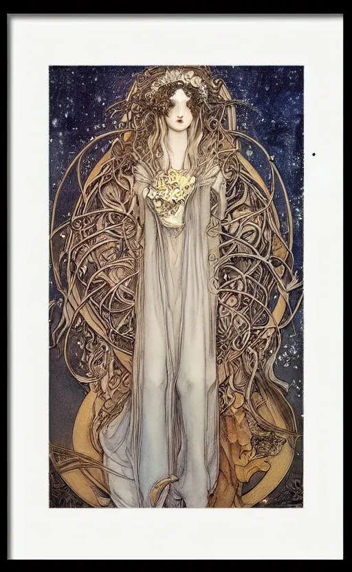 Prompt: art nouveau framed print by brian froud, goddess of winter