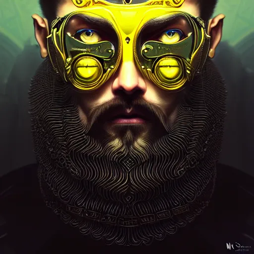 Image similar to bearded man with extremely large and intricate haircut with angry yellow eyes and slim features looking askance, eye cyberpunk bionics, retro futurist style, intricate, elegant gleaming intricate baroque jewelry, angelic halo, highly detailed, digital painting, artstation, concept art, smooth, sharp focus, illustration, art by wlop, mars ravelo and greg rutkowski,