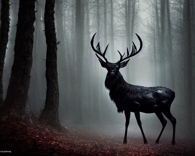 Image similar to 5 5 mm portrait photo of a black stag with antlers and black feathers in a magical forest. scary. magical atmosphere. art by greg rutkowski and luis royo. highly detailed 8 k. intricate. lifelike. soft light. nikon d 8 5 0.